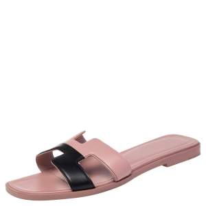 Hermes Pink/Black Leather Oran Flat Slide Size 35.5