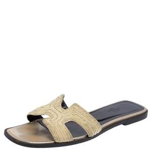 Hermes Cream Embroidered Fabric Oran Flat Slides Size 39