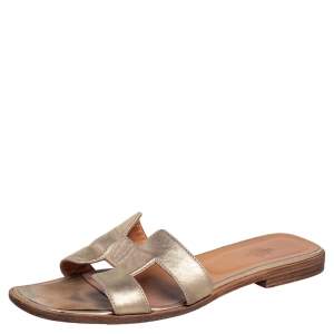 Pre Owned Hermès Gold Leather Oran Flat Sandals Size 39.5