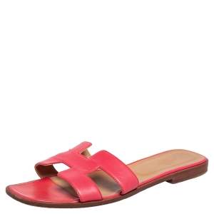 Hermes Pink Leather Oran Slide Flats Size 40.5