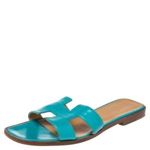Hermes Blue Leather Oran Slide Flats Size 40.5