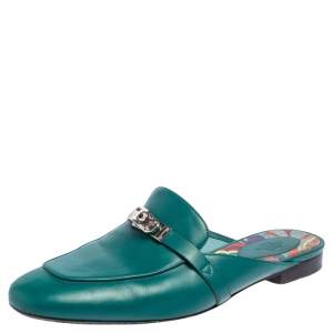 Hermes Green Leather Palladium Plated Oz  Flat Mules Size 40