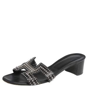 Hermes Black Leather Oasis Slide  Sandals Size 38