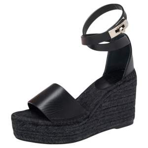 Hermes Black Leather Espadrille Tipoli Sandals Size 35