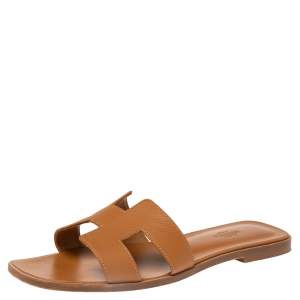 Hermes Brown Leather Oran Flat Sandals Size 39