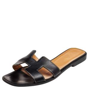 Hermes Black Leather Oran Sandals Size 39.5
