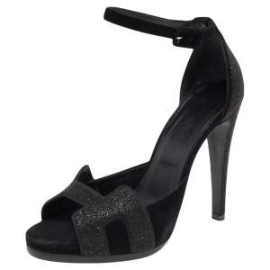 Hermes Black Suede Embellished Ankle Strap Sandals Size 38.5