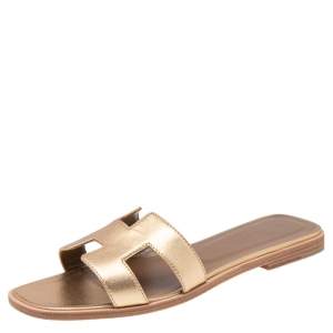 Hermes Gold Leather Oran Flat Sandals Size 38