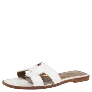 Pre Owned Hermes White Leather Oran Flats Sandals Size 37