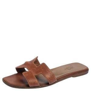 Hermes Brown Leather Oran Flats Size 37