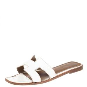 Pre Owned Hermes White Leather Oran Slide Sandals Size 38.5
