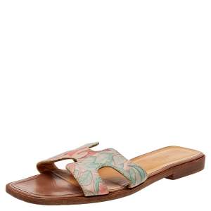 Hermes Beige Printed Canvas Oran Sandals Size 37