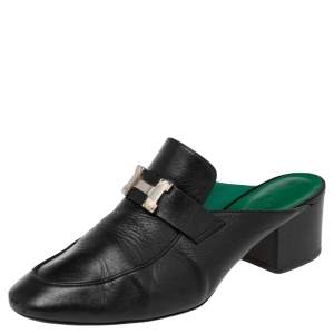Hermes Black Leather Tuileries Block Heel Mules Size 38.5