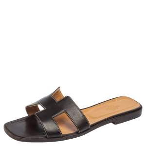 Pre Owned Hermès Chocolate Brown Leather Oran Flat Slides Size 39
