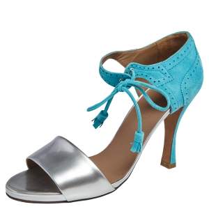 Hermes Turquoise/Silver Brogue Suede and Patent Leather Ankle Wrap Sandals Size 38