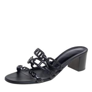 Hermes Black Leather Tandem Slide Sandals Size 40.5