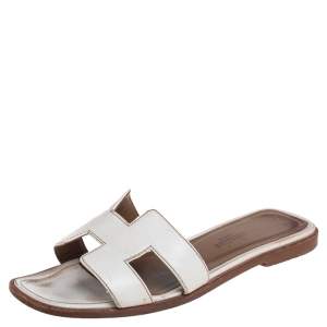 Hermes White Leather Oran Flat Sandals 35