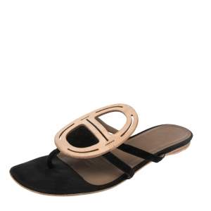 Hermes  Black Leather And Suede  Galet Chaine D'Ancre Flat Sandals Size 38