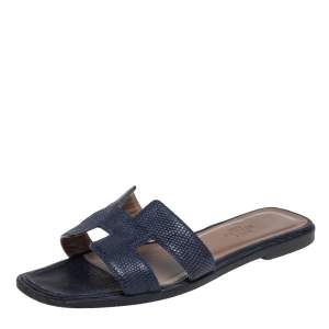Hermes Navy Blue Textured Leather Oran Flats Size 35.5