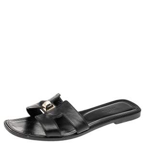 Hermes Black Leather Medor Pyramid Oran Flat Slides Size 38.5