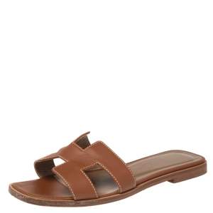 Hermes Brown Leather Oran Flats Sandals Size 34