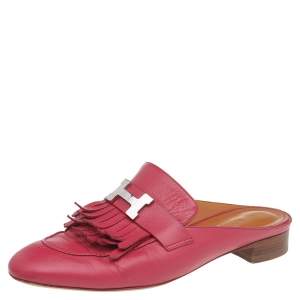 Hermes Pink Leather Tuileries Block Heel Mules Size 39
