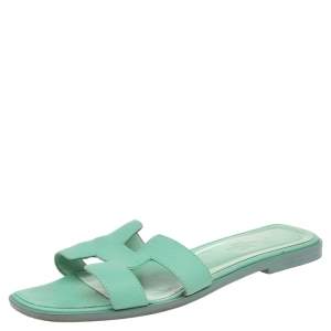 Hermes Green Leather Oran Flat Slides Size 36.5