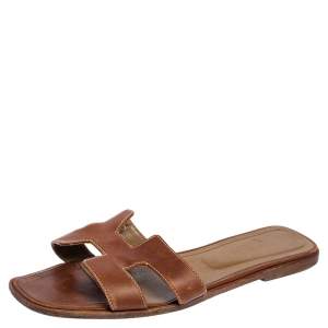 Hermes Brown Leather Oran Flats Sandals Size 41