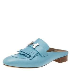 Pre Owned Hermes Blue Leather Rivoli Mules Size 39