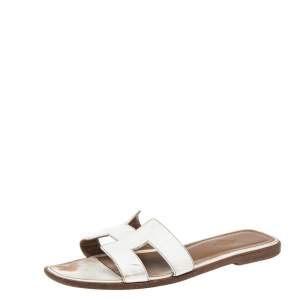 Pre Owned Hermes White Leather Oran Flats Sandals Size 37.5