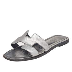 Hermes Sliver Leather Oran Flat Sandals Size 37
