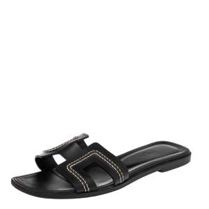 Hermes Black Leather H Stitched Detail Oran Flats Sandals Size 39