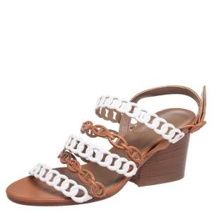 Hermes White/Brown Leather Romy Sandals Size 37
