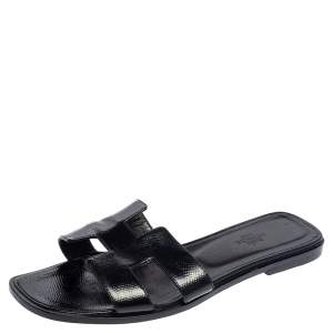 Hermes Black Patent Leather Oran Slides Sandals Size 39