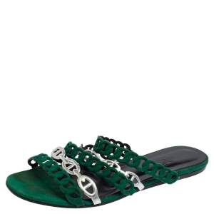 Hermes Green/Silver Leather And Suede Chaine D'ancre Flat Sandals Size 38