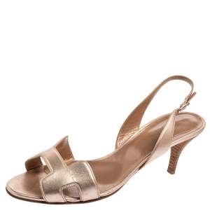 Pre Owned Hermes Gold Leather Night Slingback Sandals Size 40