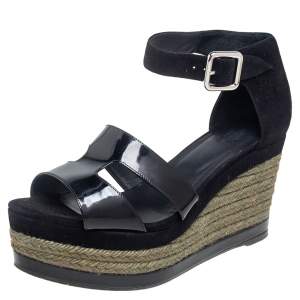 Hermes Black Suede and Patent Leather Ilana Espadrille Wedge Sandals Size 38