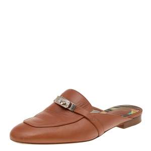 Hermés Brown Leather Palladium Plated Oz Mules Size 39