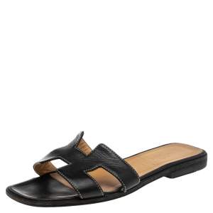 Hermes Black Leather Oran Sandals Size 37