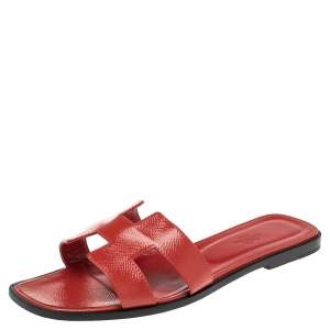 Hermes Red Patent Leather Oran Flats Sandals Size 40.5