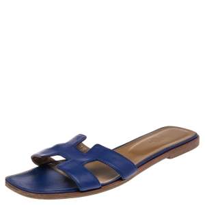 Pre Owned Hermes  Blue Leather Oran Flat Sandals 41.5