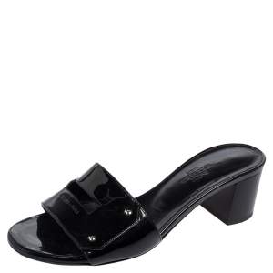 Hermes Black Patent Leather View Slide Sandals Size 35