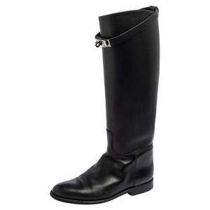 Hermes Black Leather Palladium Plated Kelly Jumping Boots Size 36.5