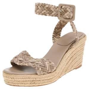 Hermes Beige Leather and Suede Sofia Espadrille Wedge Sandals Size 41
