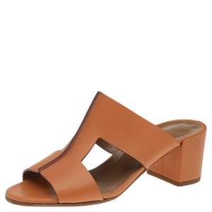 Hermés Natural Brown Leather Ostia Slide Sandals Size 37