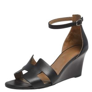 Hermes Black Leather Legend Ankle Strap Sandals Size 38