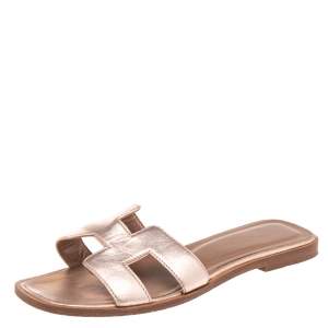 Hermes Metallic Gold  Leather Oran Flat Sandals 37