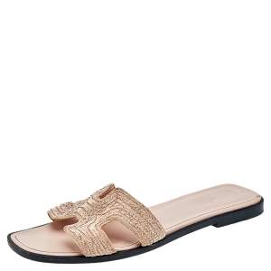 Hermes Blush Pink Twisted Metal Thread Oran Flat Sandals Size 38
