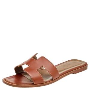Hermes Brown Leather Oran Flat Sandals Size 38