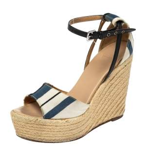Hermes Multicolor Canvas Striped Espadrille Wedge Sandals Size 37